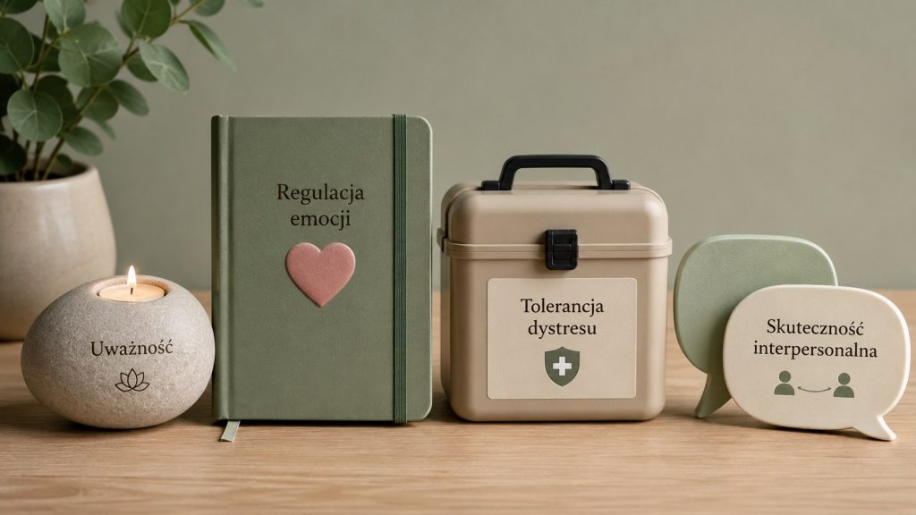 Z czego składa się DBT w praktyce? Poznaj cztery elementy programu i cztery moduły umiejętności: uważność, tolerancję dyskomfortu, regulację emocji i relacje.