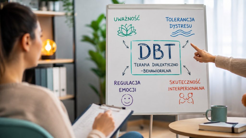 Terapia DBT w leczeniu borderline – jak działa i czego uczy pacjenta Terapia DBT (dialektyczno-behawioralna) to najlepiej przebadana metoda leczenia borderline. Wyjaśniamy, jak działa, z czego się składa i dla kogo jest przeznaczona.